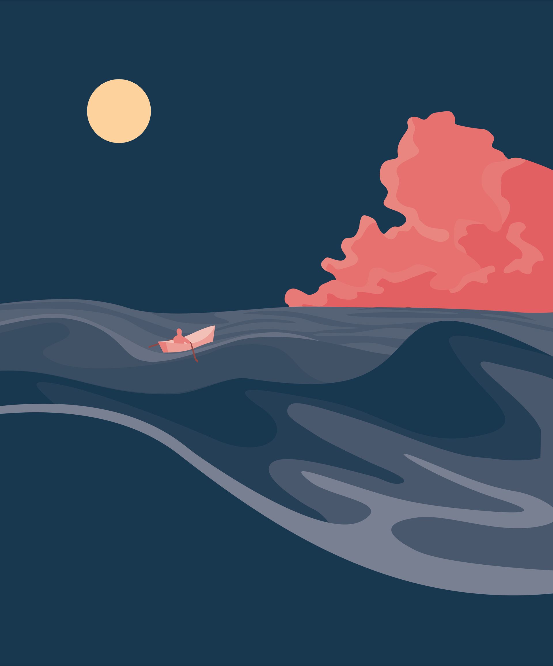 Illustration of a boat in the ocea sailing into the distance.